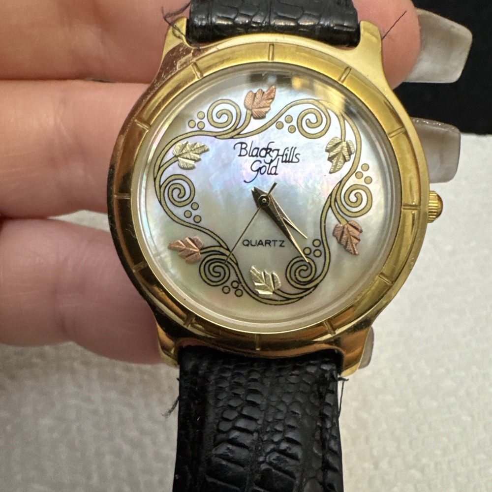 Vtg Black Hills Ladies Watch Mother of Pearl Dial 12K Gold Leaves Womens Quartz